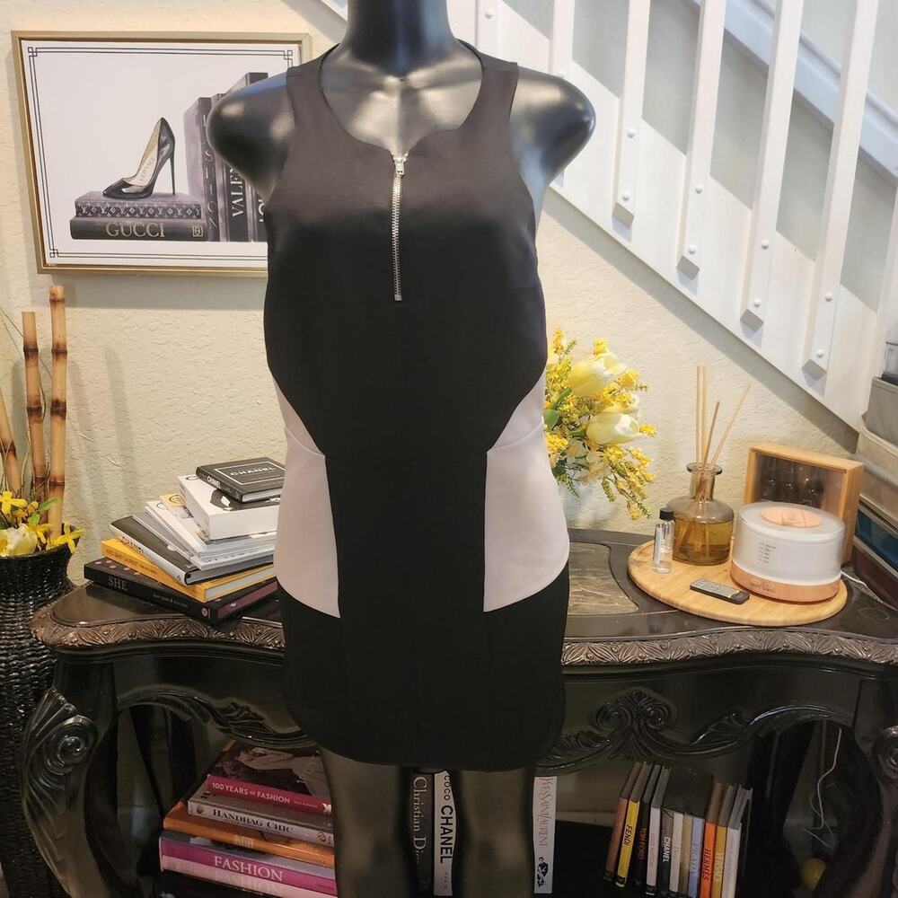 WT18 by Walter Baker black & white color-blocked mini dress with zipper detail